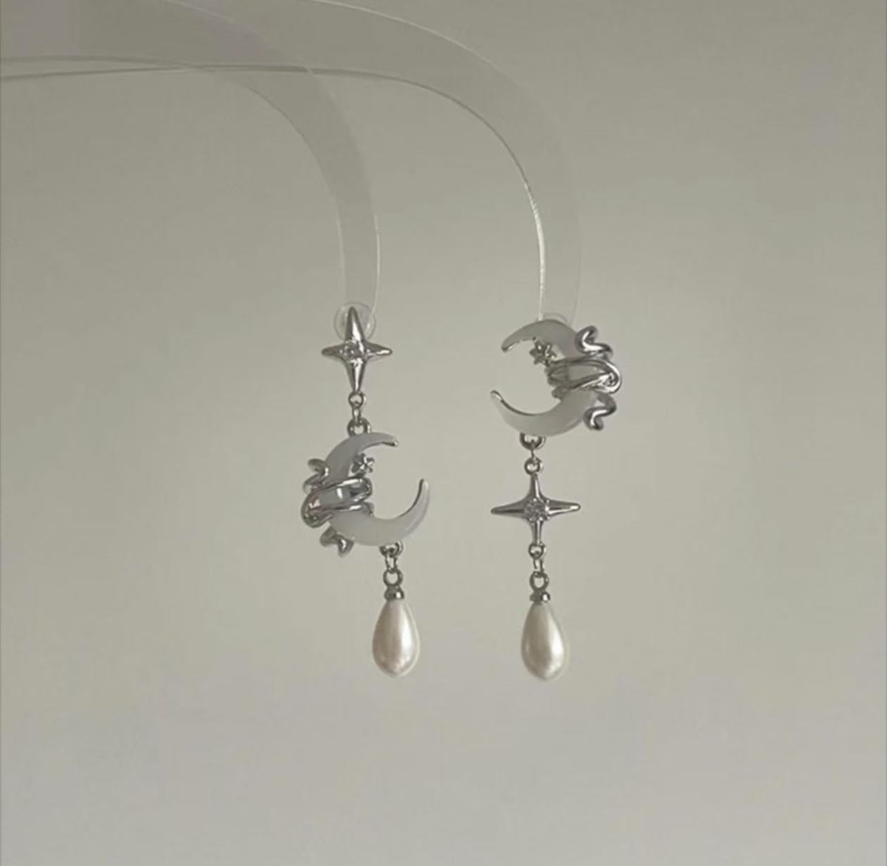 

New Retro Punk Sliver Color Awn Star Crescent Moon Water Drop Pendant Asymmetrical Dangle Earrings for Women Temperament Jewelry