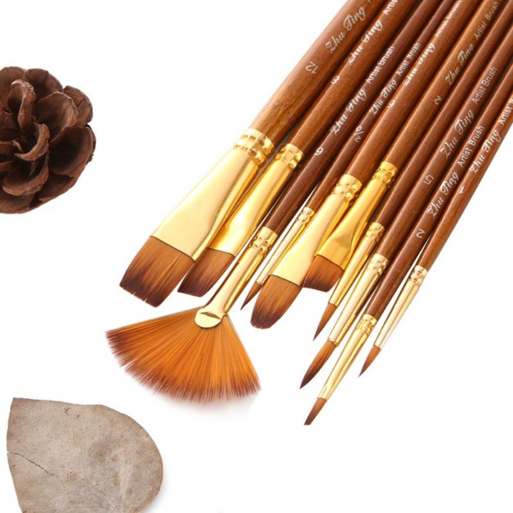 10Pcs/Set Round Flat Angle Artist Paint Brushes Set Wooden Pole Drawing Art Brush  Gift