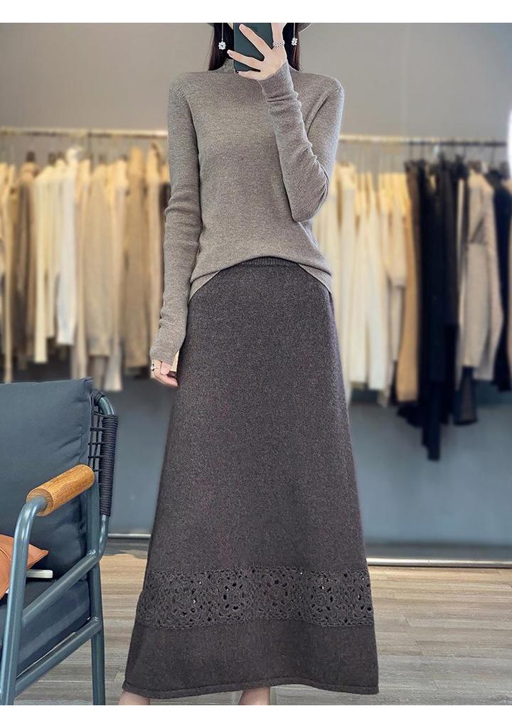 Women's Warm Embroidered High Neck Knit Wool Sweater - Semi-Thin Pullover for Autumn/Winter