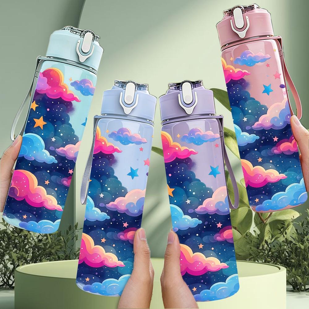 1PC Cloud Star Dream Galaxy Pattern 750ml Color Plastic Sports Water Bottle Leakproof Flip Straw Lid Suitable for Sports Office Home Use