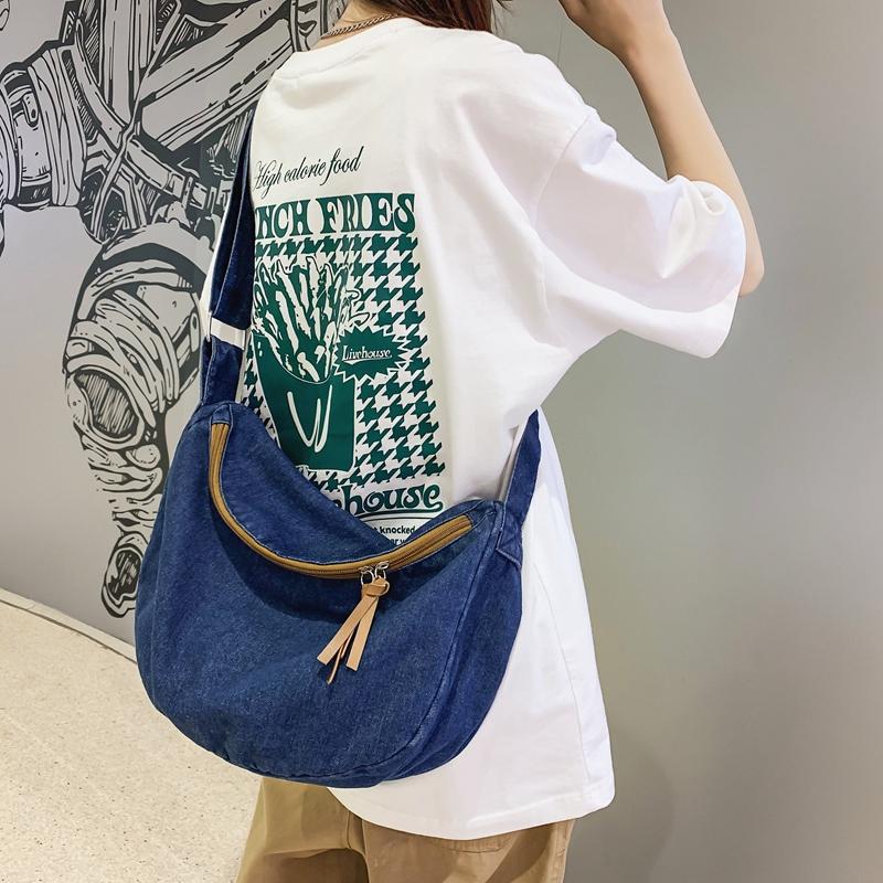 Women's Vintage Denim Hobo Bag Zipper Crossbody Bag All-Match Bag For School Work