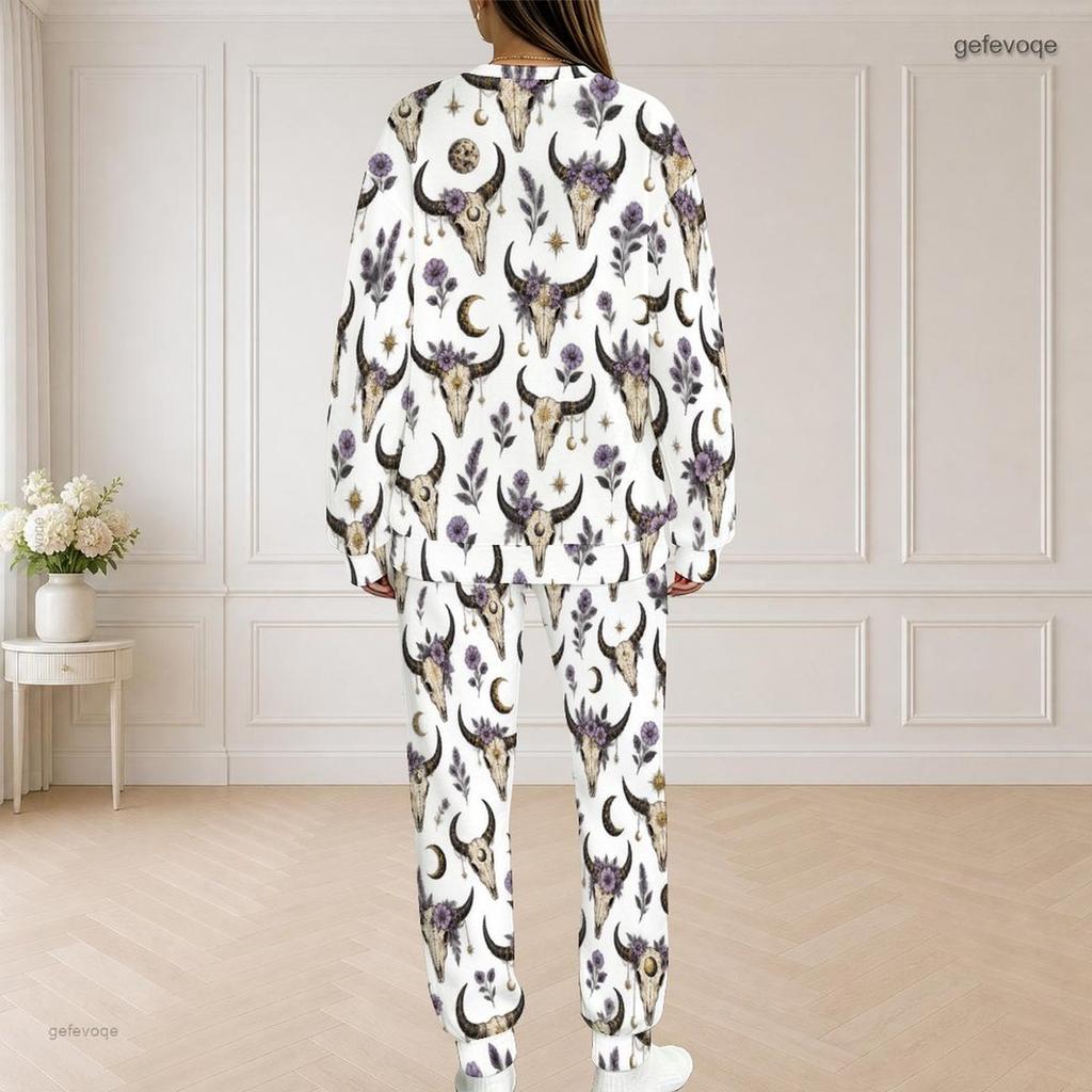 Women Plus Size Round Neck Long Sleeve Top And Long Pants Printed Two Piece Set