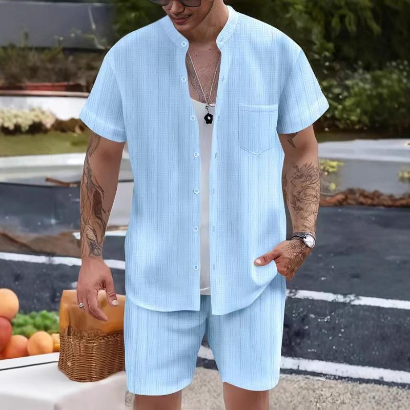 Pánská košile ležérní henley límeček kapsa s krátkým rukávem šortkový set