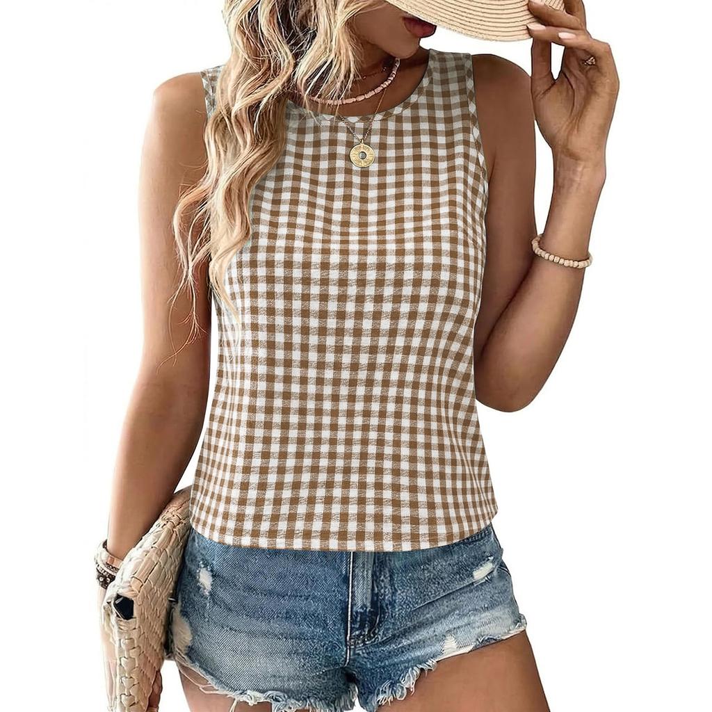 Women’s Sleeveless Round Neck Plaid Button Down Casual Vest Top with Gingham Pattern and Relaxed Fit for Everyday Wear