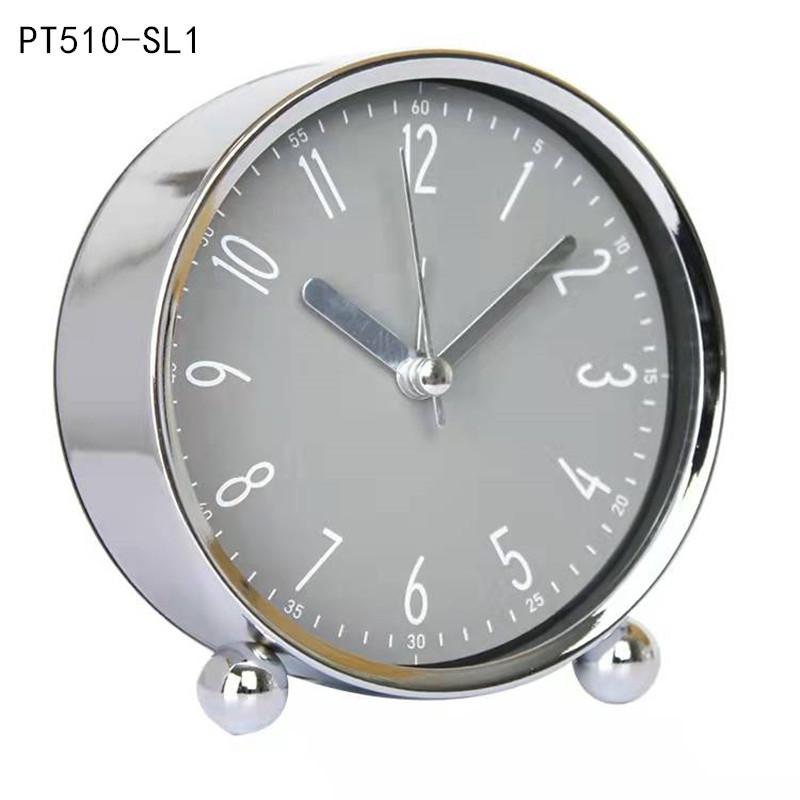 Round Alarm Clock Study Desk Alarm Clock Pointer Type Quartz Clock Bedside Table Clock Silent Metal Seat Clock
