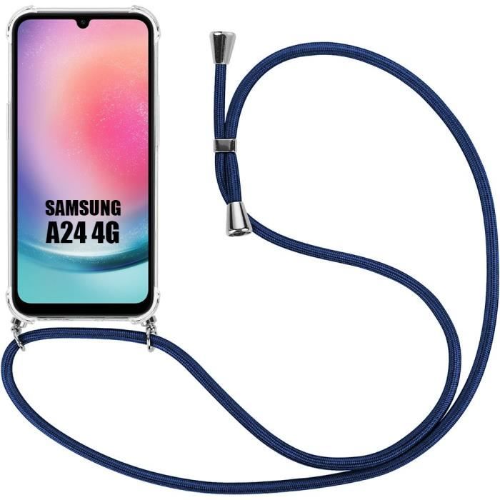 Coque bandoulière pour samsung galaxy a24 - coins renforcés anti-rayure souple + bandoulière bleu marine