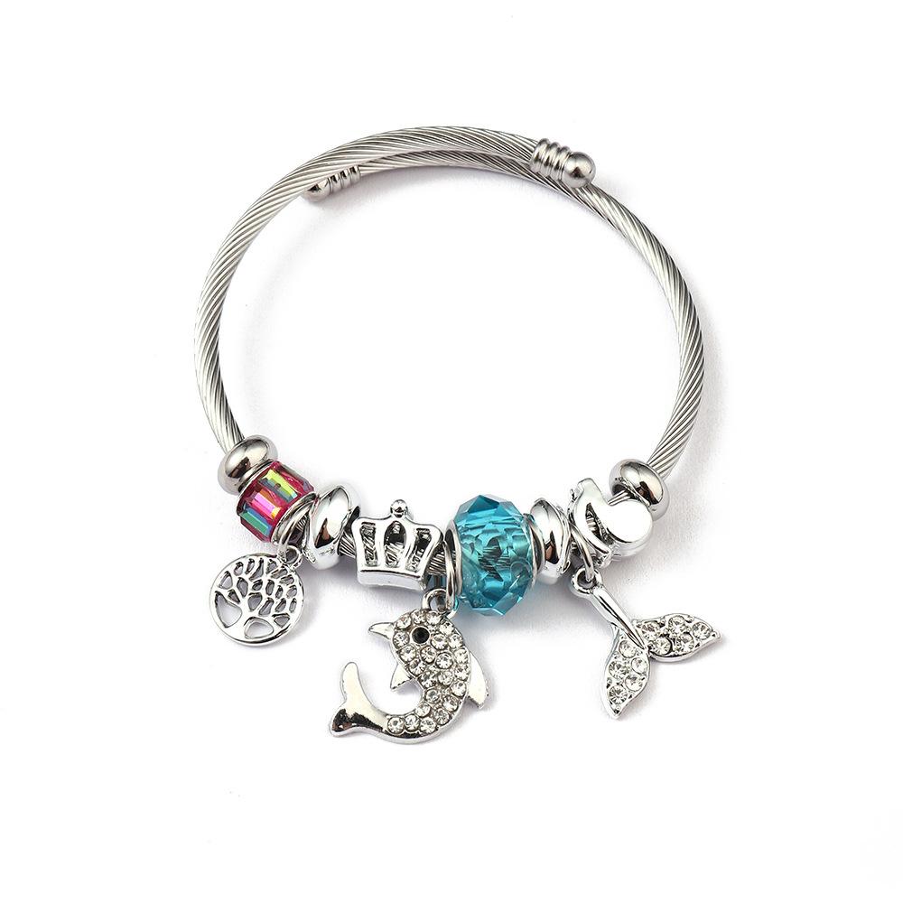 Simple Fashion Stainless Steel Bracelet With Crystal Bead Pendant Unisex Jewelry
