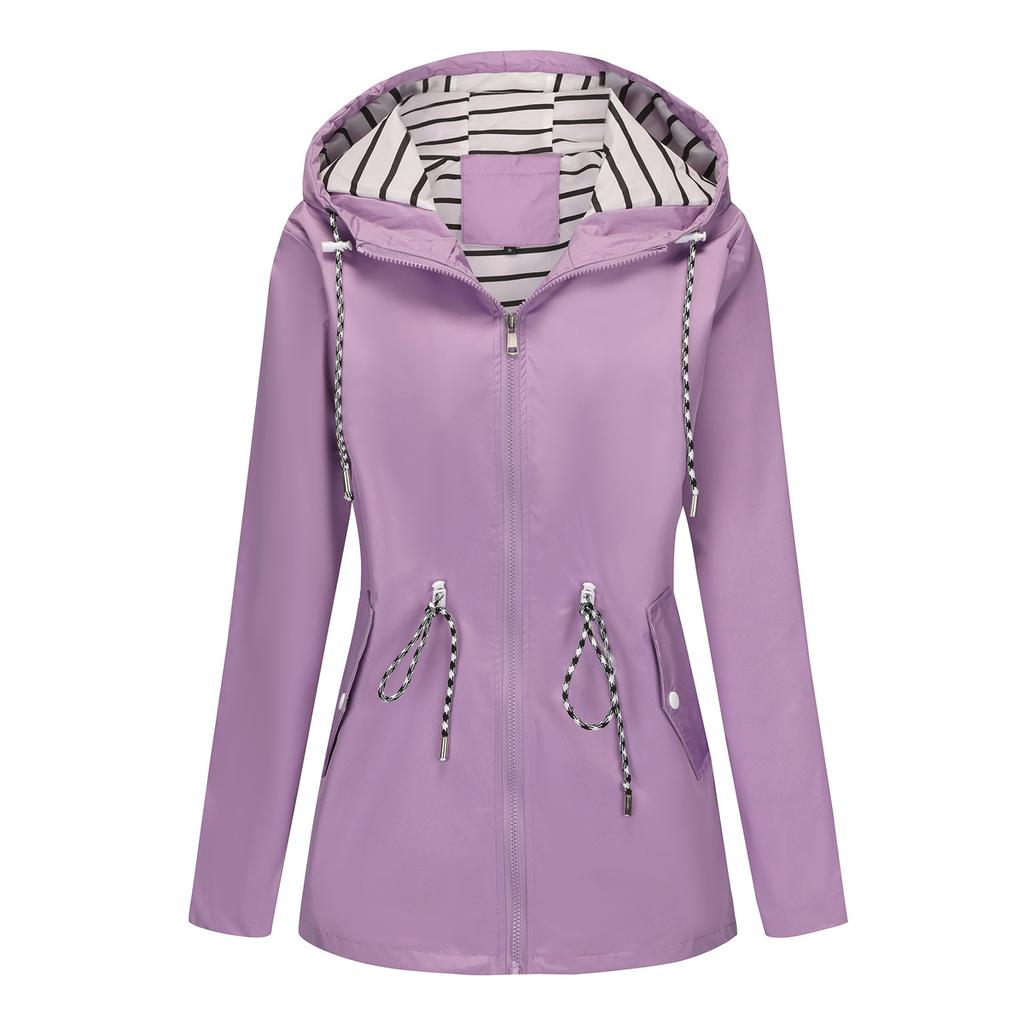 Rote wasserdichte Kapuzenjacke, Damenmode Freizeitmantel, Taillenzugband zum Binden, Reißverschluss, Schalter, Blau, Grün, Gelb, Schwarz, Windjacke