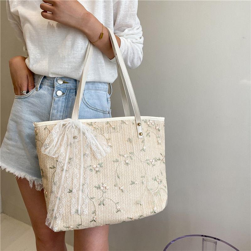 Straw Woven Shoulder Tote Bag Bow Tie Women's Bag New Woven Handbag
