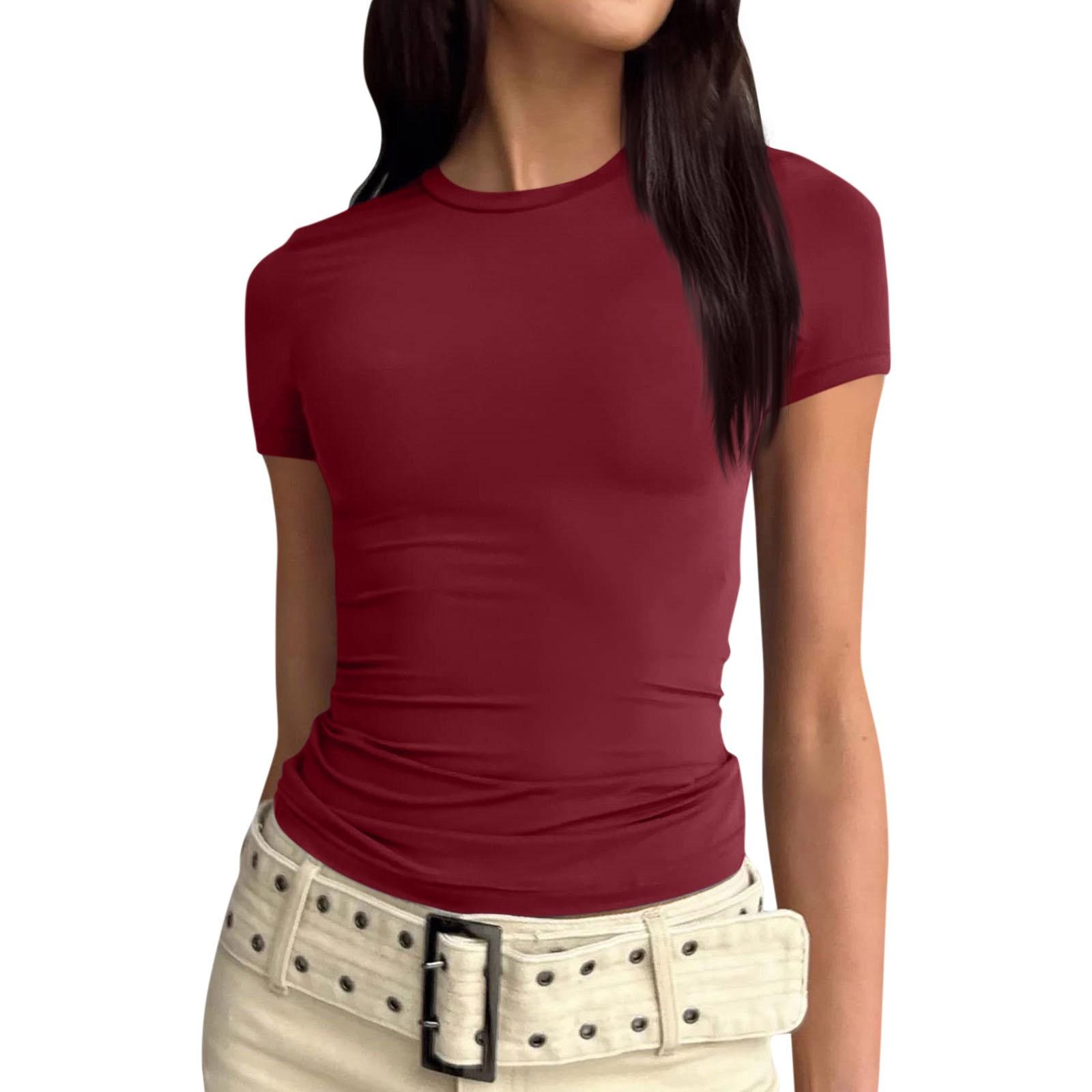 

Женская однотонная сексуальная симпатичная футболка с коротким рукавом, облегающая облегающая футболка с укороченным топом L