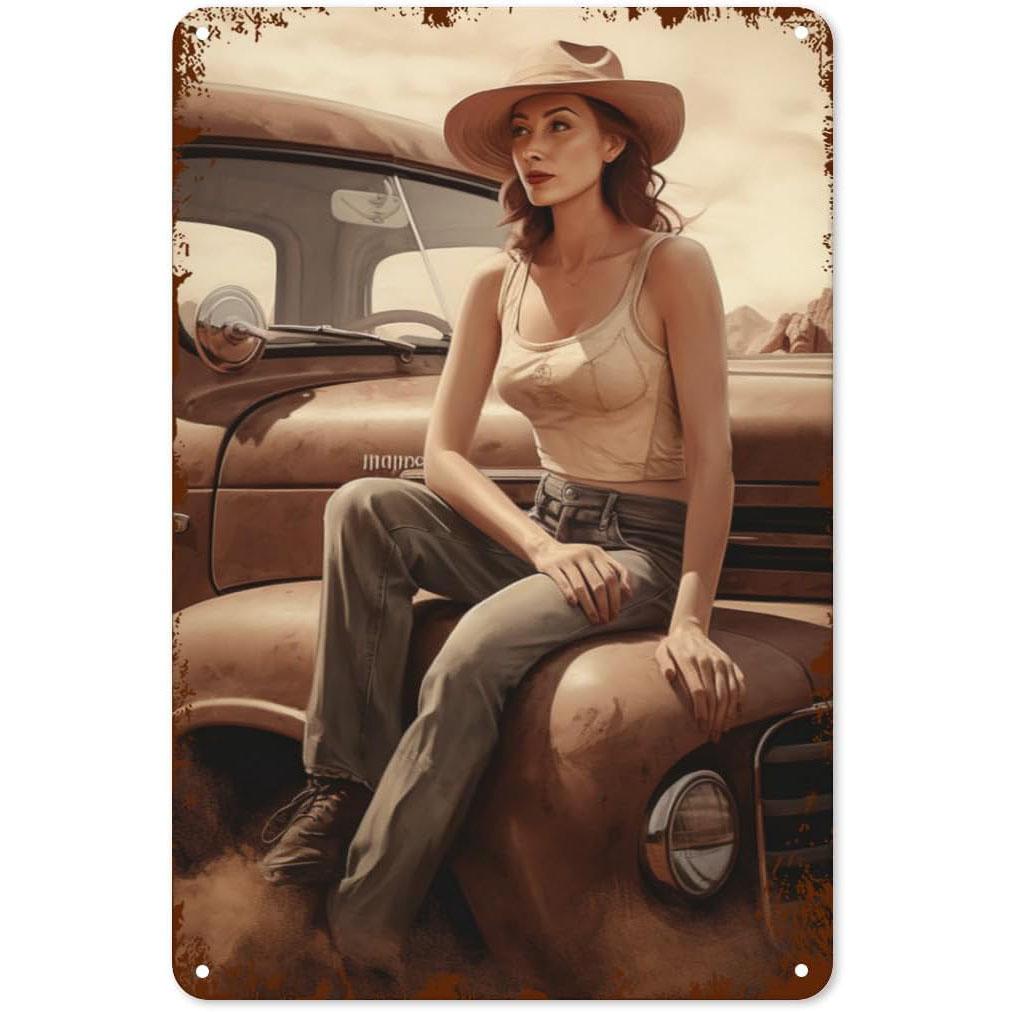 

Pinup Car Girls Metal Tin Signs Plaque Wall Decoration Vintage Art Posters Iron Painting for Man Cave Home Cafe Garden Club B 30x40cm