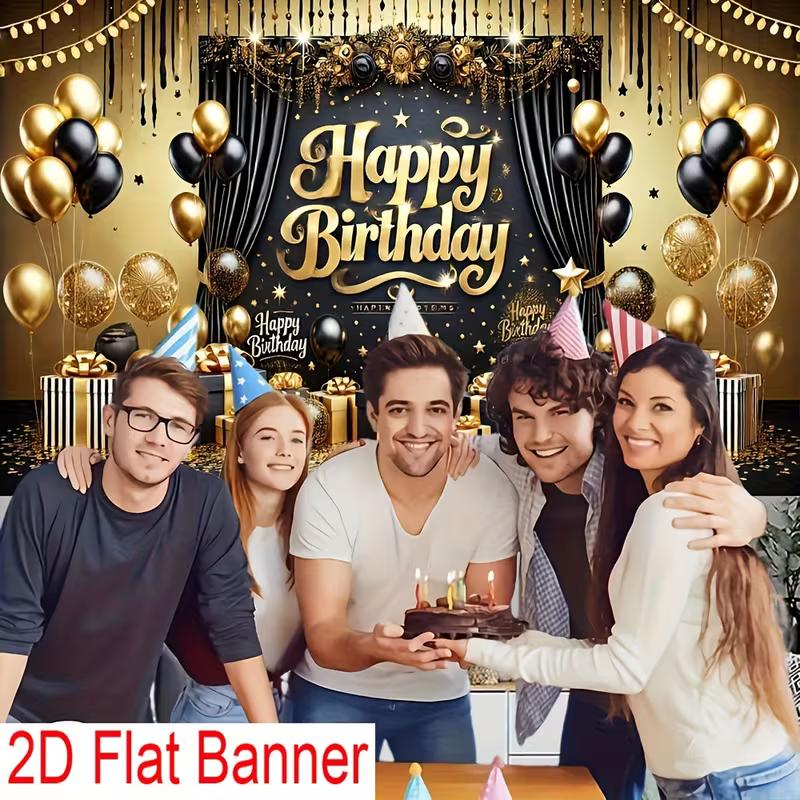 2D Happy Birthday Background Cloth Black Gold with Gift Boxes & Glitter Banner
