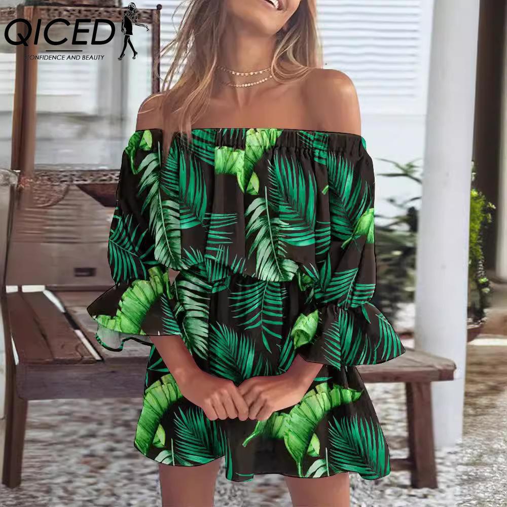 QICED Women's Fashion Summer Spring Solid Color Print 1/2 Sleeves One Shoulder High Waist Casual Dresses