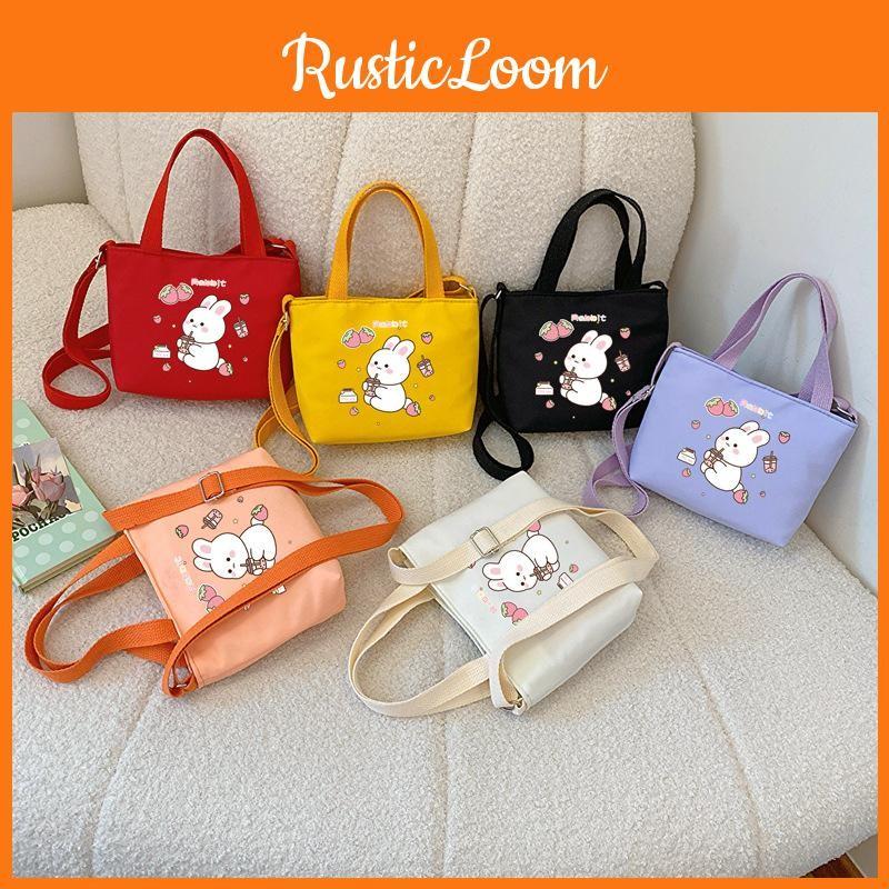 Cartoon Cute Rabbit Strawberry Print Children Shoulder Canvas Bag For Daily Use