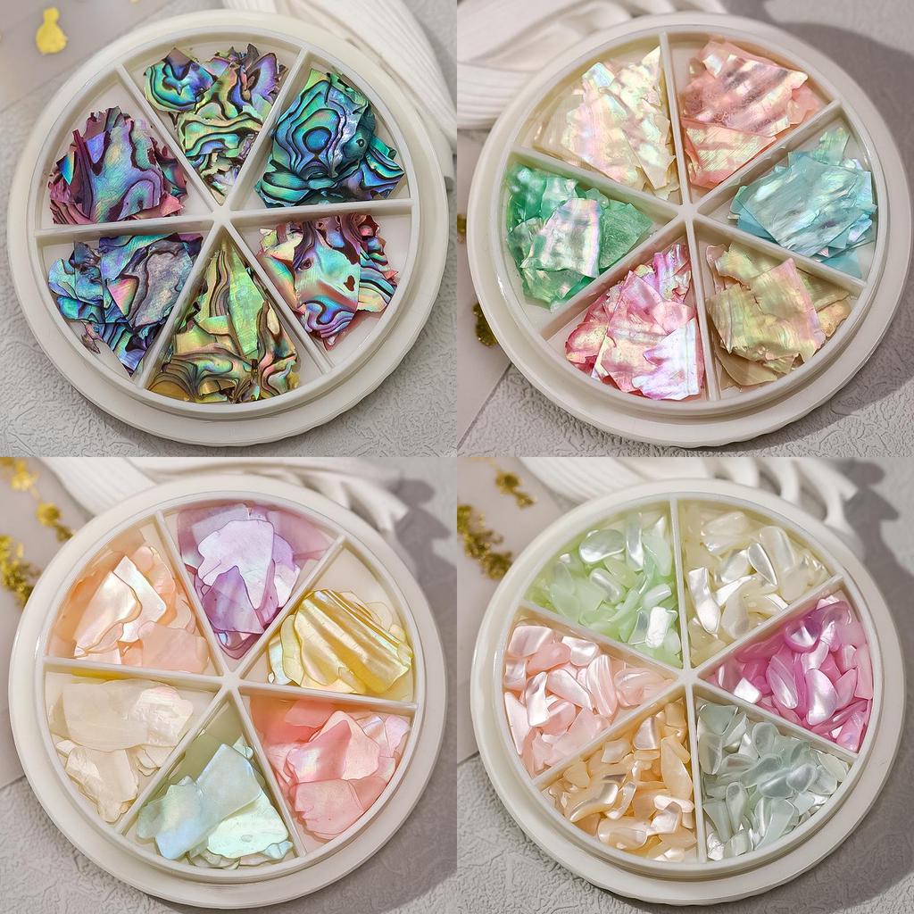Round Box Iridescent Abalone Shell Nail Art Set - Six Colors, High-Gloss, Ultra-Thin, Irregular Fragments