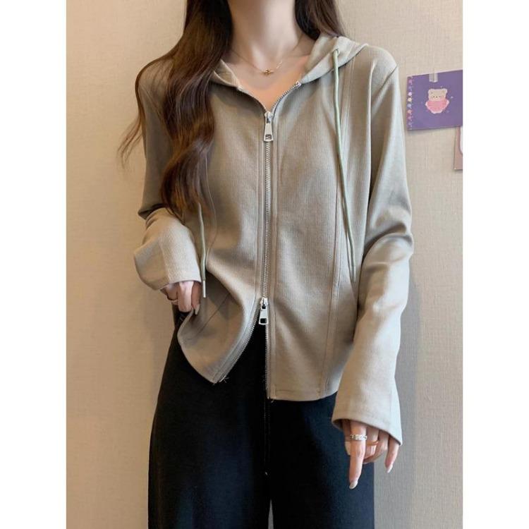 Hooded Zipper Sweatshirt Jacket Women Slimming Design Large Size Niche Autumn Fish Bone Top Bottomed Inner