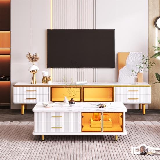 TV Cabinet with LED Light 4 Drawers Spacious Countertop High-Gloss Television Stand Painting Mid Century Modern Living Room Furniture Console