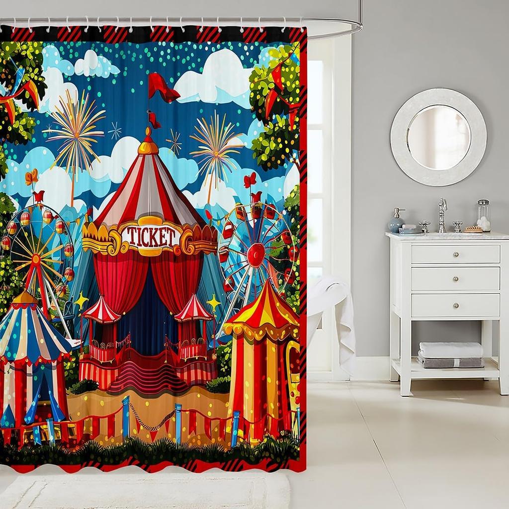 Cartoon Circus Bathroom Curtains Happy Holiday Shower Curtain Sets for Kids Boys Girls Funny Ferris Wheel Shower Curtain Funny