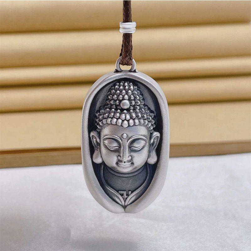 999 Sterling Silver Buddha Head Pendant Necklace with Lotus for Women - Retro Ethnic Style
