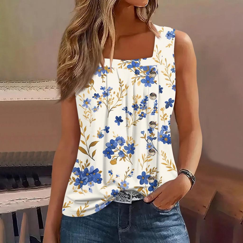 Women's Fashion Casual Basic Pleated Plain Button Square Collar Sleeveless Vest Print Summer Tank Tops