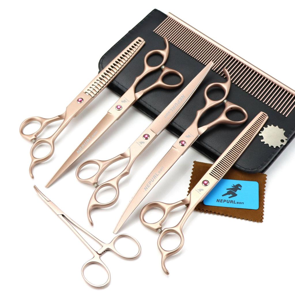 8,0-Zoll Nimpson Tuhao Gold, Gebogene Schere Gerade Schneidezahn Schere Haustier Schere Set von 5 Stück Haustierpflege Schere