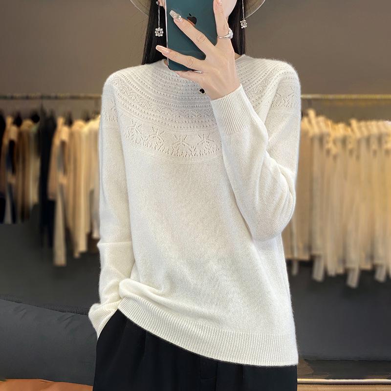 

Women s Crew Neck Openwork Knit Pullover Sweater - Versatile Long Sleeve Undershirt with Rolled Edges. M: 45-52.5 kg