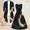 Women Plus Size Star Printed Two Piece Set Sleeveless Round Neck Tie Waist Flared Dress 3 4 Sleeve Open Cardigan