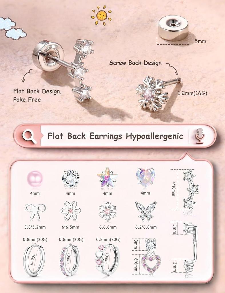 Bobisty 1Pair Hypoallergenic Flat Back Earrings for Women Surgical Stainless Steel Cute Stud Hoops Earrings Cartilage Piercings