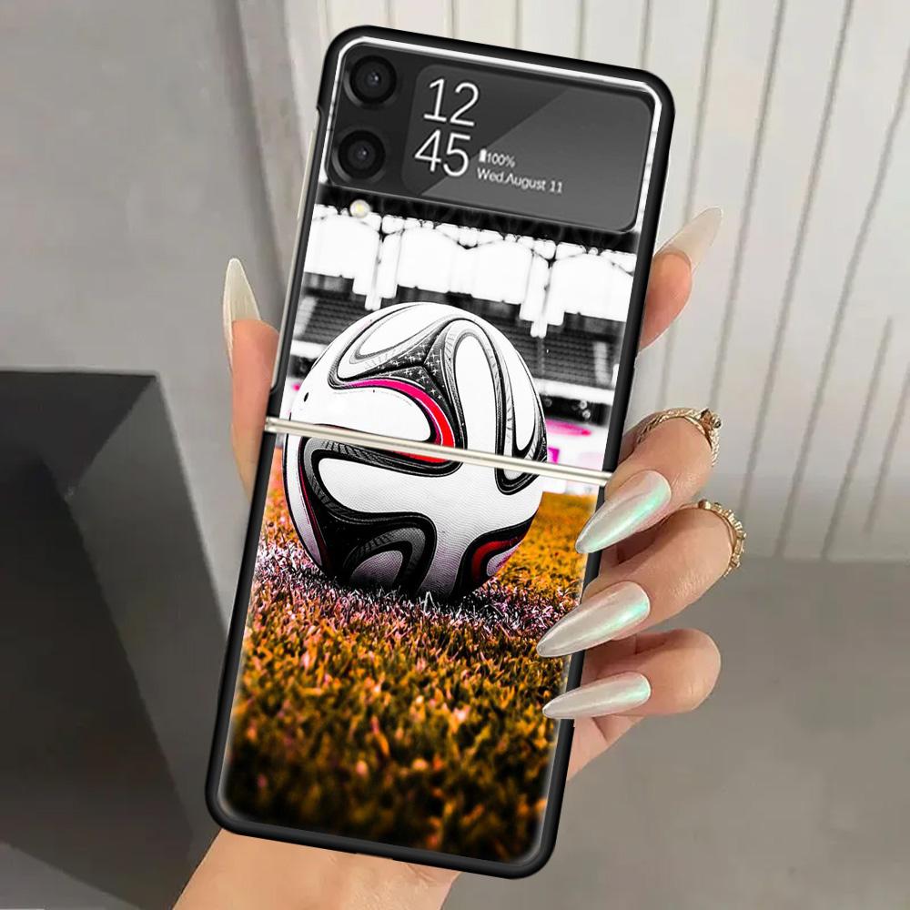 Football Soccer Ball Design Hard PC Phone Case For Samsung Galaxy Z Flip 6 5 4 3 Black Cover ZFlip6 Flip5 Flip4 5G Foldable Prin