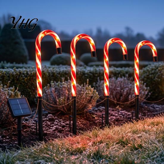Holiday Yard Ornaments 4Pcs Solar Candy Cane Pathway Lights, Christmas Outdoor Stake Waterproof Decorative Stakes Garden Lights for Lawn Patio