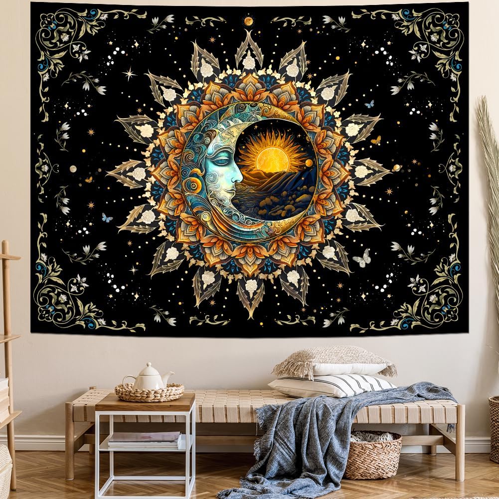 Ameyahud Moon and Sun Tapestry Spiritual Mandala Tapestry Black Flower Plant Tapestries Hippie Boho Tapestries Vintage Aesthetic Wall Hanging Decor