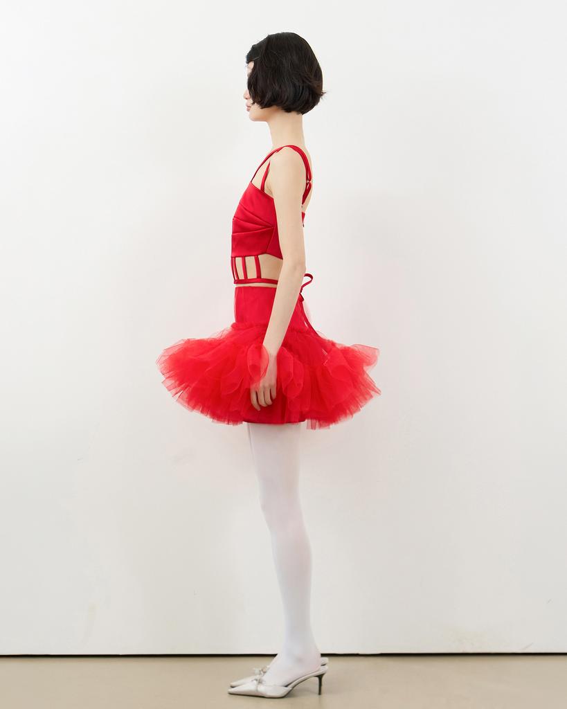 Leobyui Tulle Tiered Skirt Red