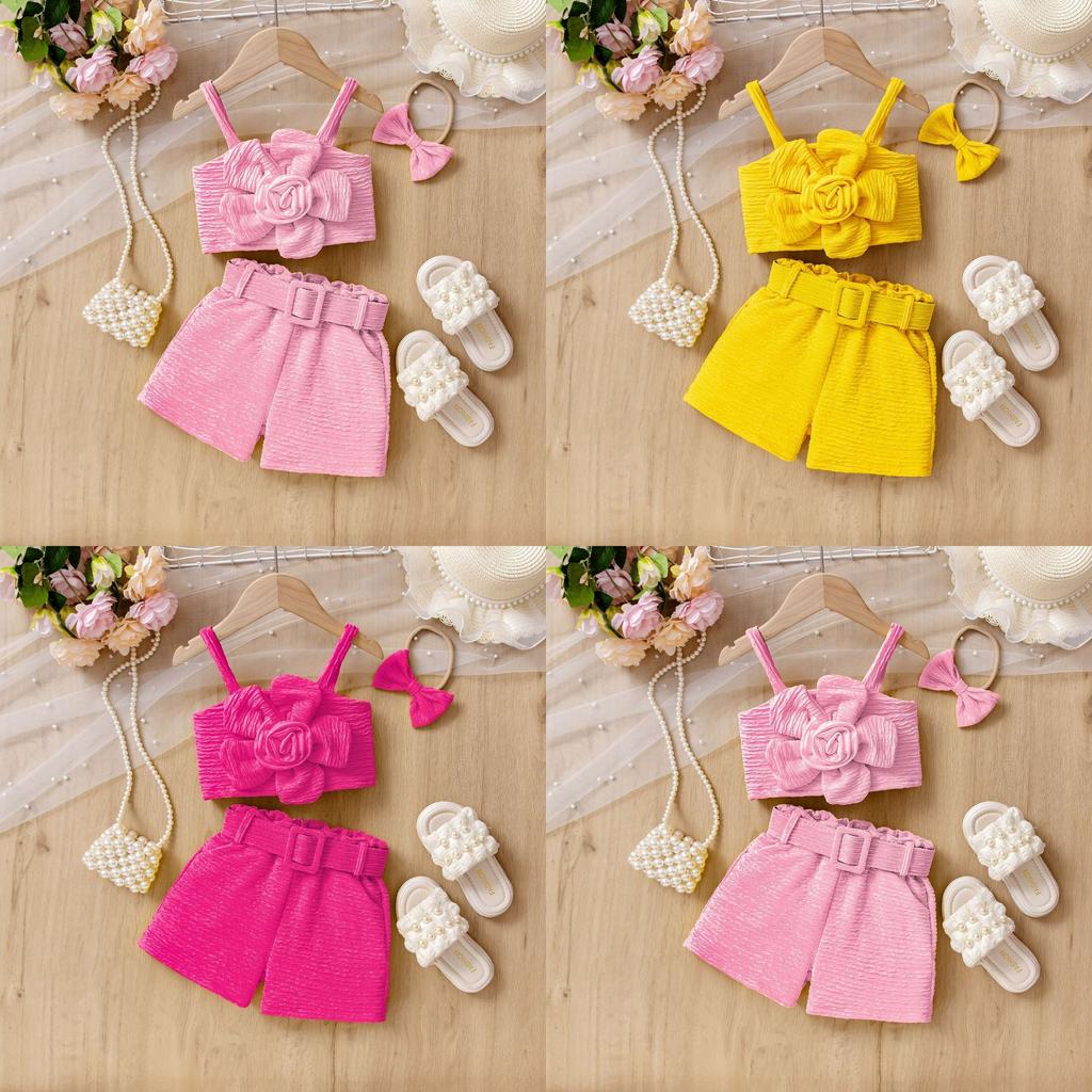 Girls' Fashionable Set Summer Children's Multi-color Three-dimensional Flower Halter Top + Shorts + Headwear