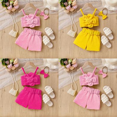 Girls' Fashionable Set Summer Children's Multi-color Three-dimensional Flower Halter Top + Shorts + Headwear
