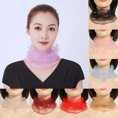 Women Girls Scarf Fake Pearl Decorative Mesh Necklace Scarf Circle Scarf For Summer Short Scarf False Collar Scarf Accessories
