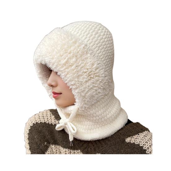 Outdoor Headgear Solid Color Plush Trim Windproof Warm Face Guard Scarf Hat Skiing Hiking Biking Winter