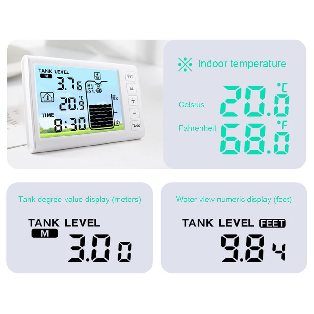 Ultrasonic Water Tank Liquid Depth Level Meter Temperature Sensor Time Display W/ Alarm Ultrasonic Tank Liquid Depth Level Meter