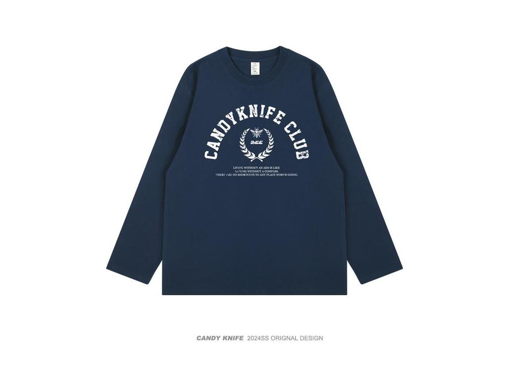 Trendy Korean Style Retro Letter Print Long Sleeve Cotton T-Shirt
