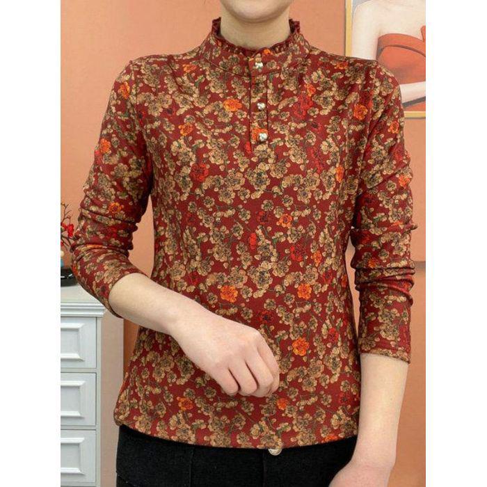 

2025 Осень/Зима Женская Стильная Блузка с Длинным Рукавом и Теплым Базовым Слоем для Женщин Среднего и Пожилого Возраста XL красный