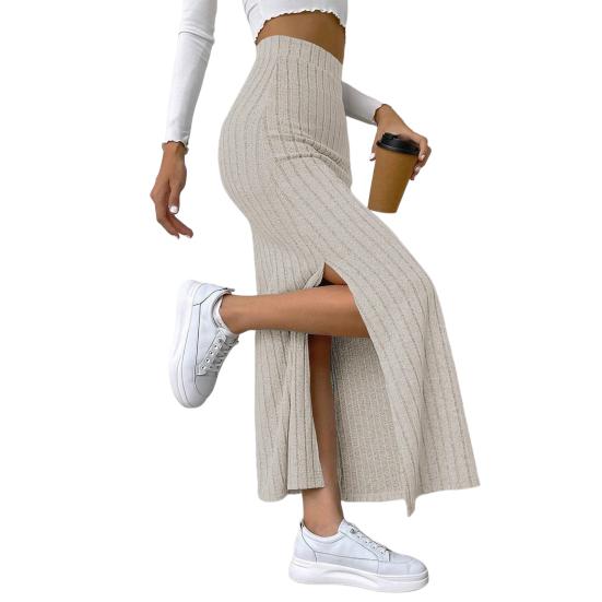 Maxi Skirt with Side Slits High-Waisted Ribbed Long Skirt Solid Color Hip Wrapped Autumn Winter Long Skirt