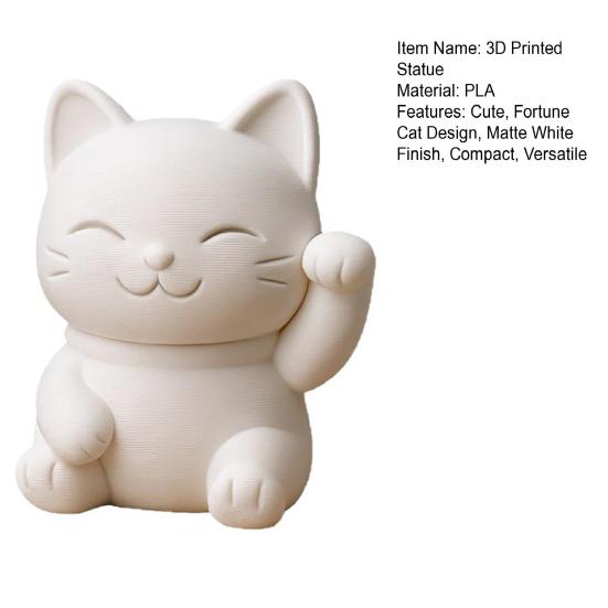 3D Printed Luck Cat Statue Cute White Maneki Figurine Matte White Mini Fortune