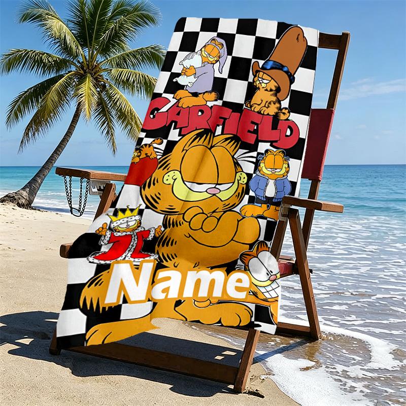 Custom Name Personalized Garfield Print Beach Towel, for Trip Camping Beach Party Home Decor, Birthday Gift for Family & Friends