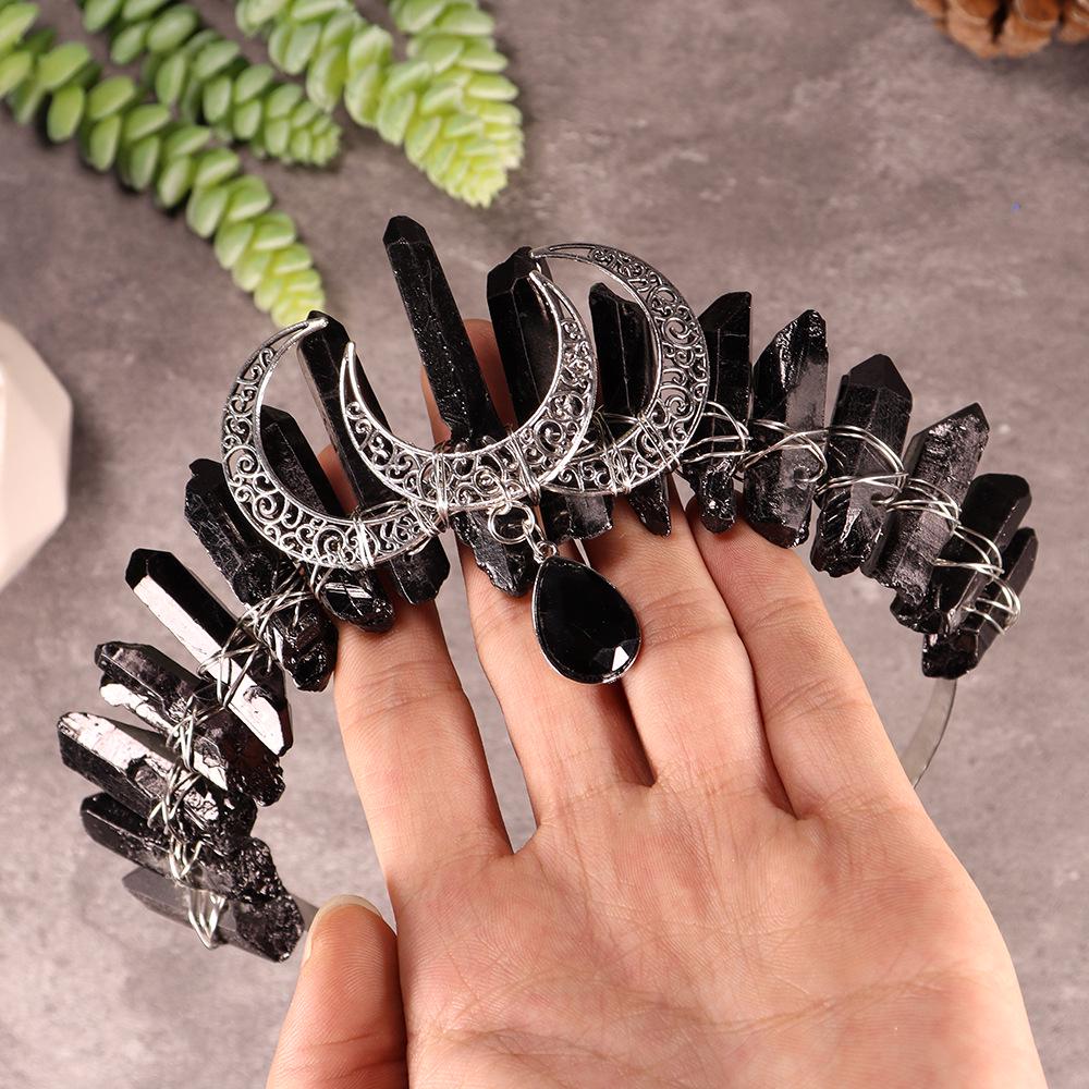 Natural Electroplated 3D Black Moon Pendant Witch Halloween Crown Headband