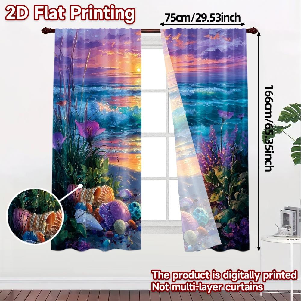 Set Of 2 Contemporary Flat Printing Curtains Without Rod Seashells Twilight Chic Versatile Durable Polyester Curtain Made