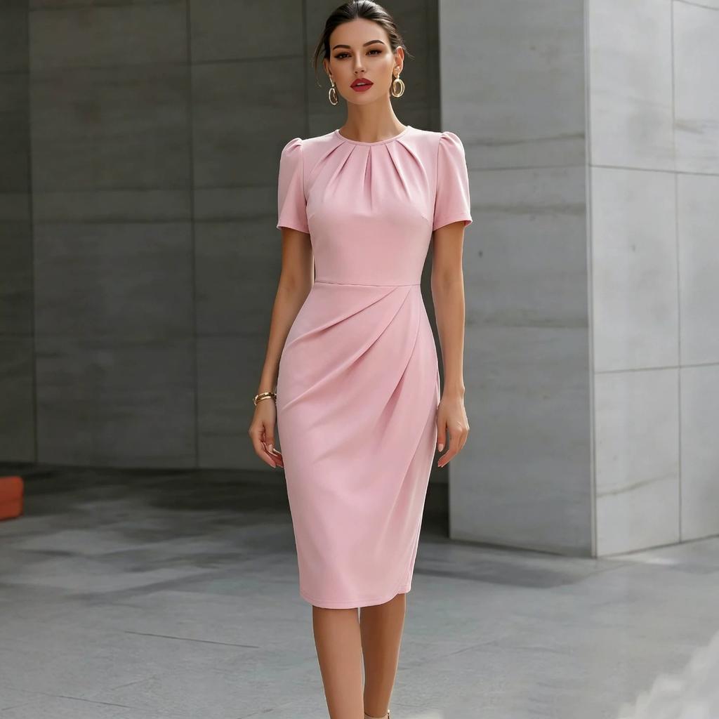 Vestido Midi Tubo Formal de Oficina para Mujer, con Mangas Abullonadas y Cintura Fruncida, Cuello Redondo, Bodycon, Tallas S-2XL