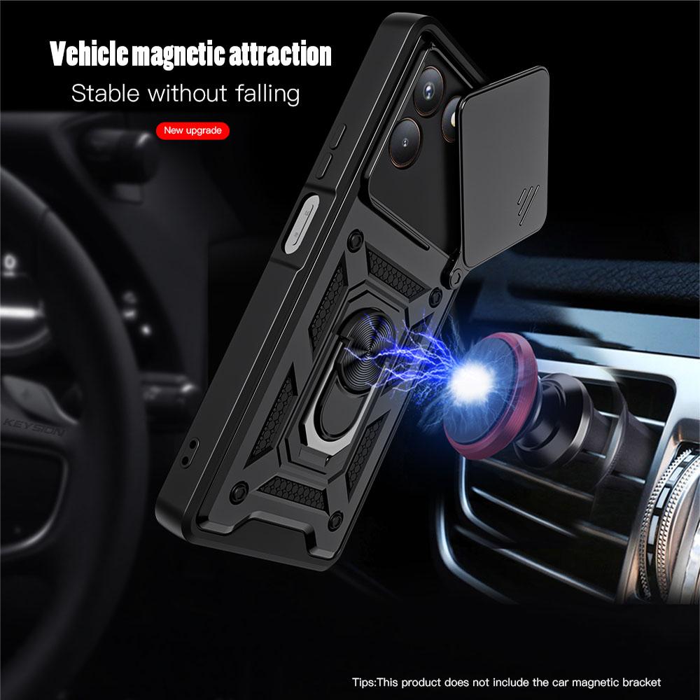 KEYSION Shockproof Armor Case for TECNO POVA 7 4G Slide Camera Lens Protection Metal Ring Stand Phone Back Cover for TECNO Pova7