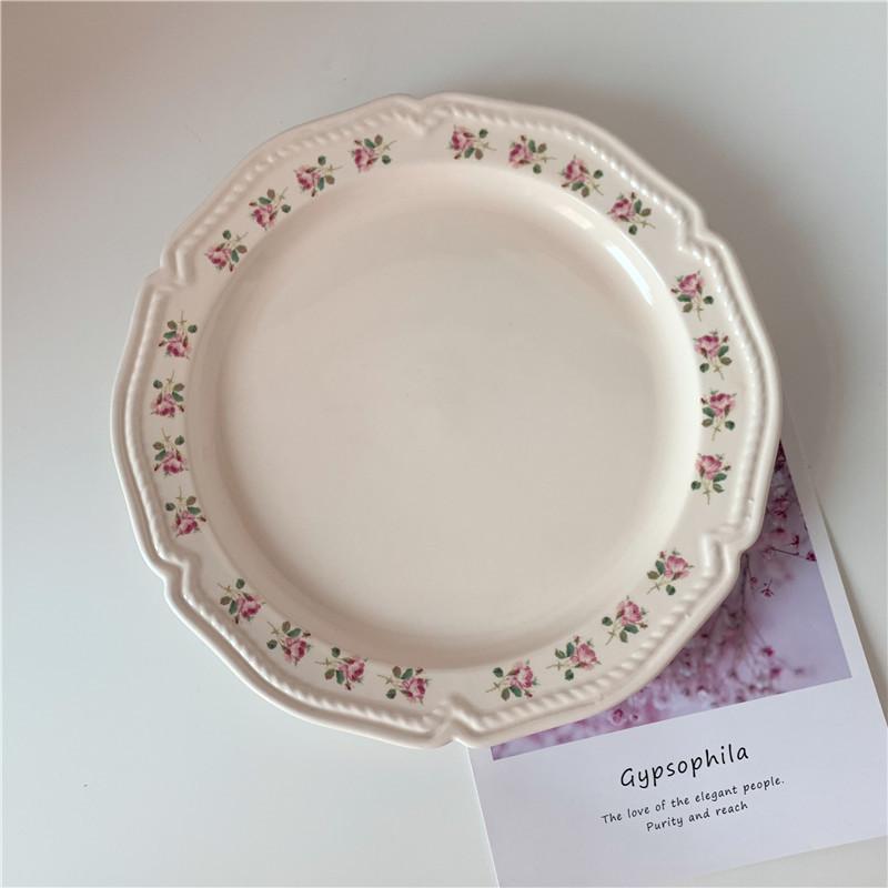 New French Retro Small Flower Relief Ceramic Western Steak Pasta Plate Yogurt Salad Bowl Dessert  Dish  Serving