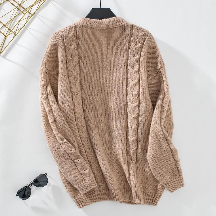 Vintage Solid Color V-Neck Knitwear Cardigan Loose Long Sleeve Sweater Top for Autumn Winter
