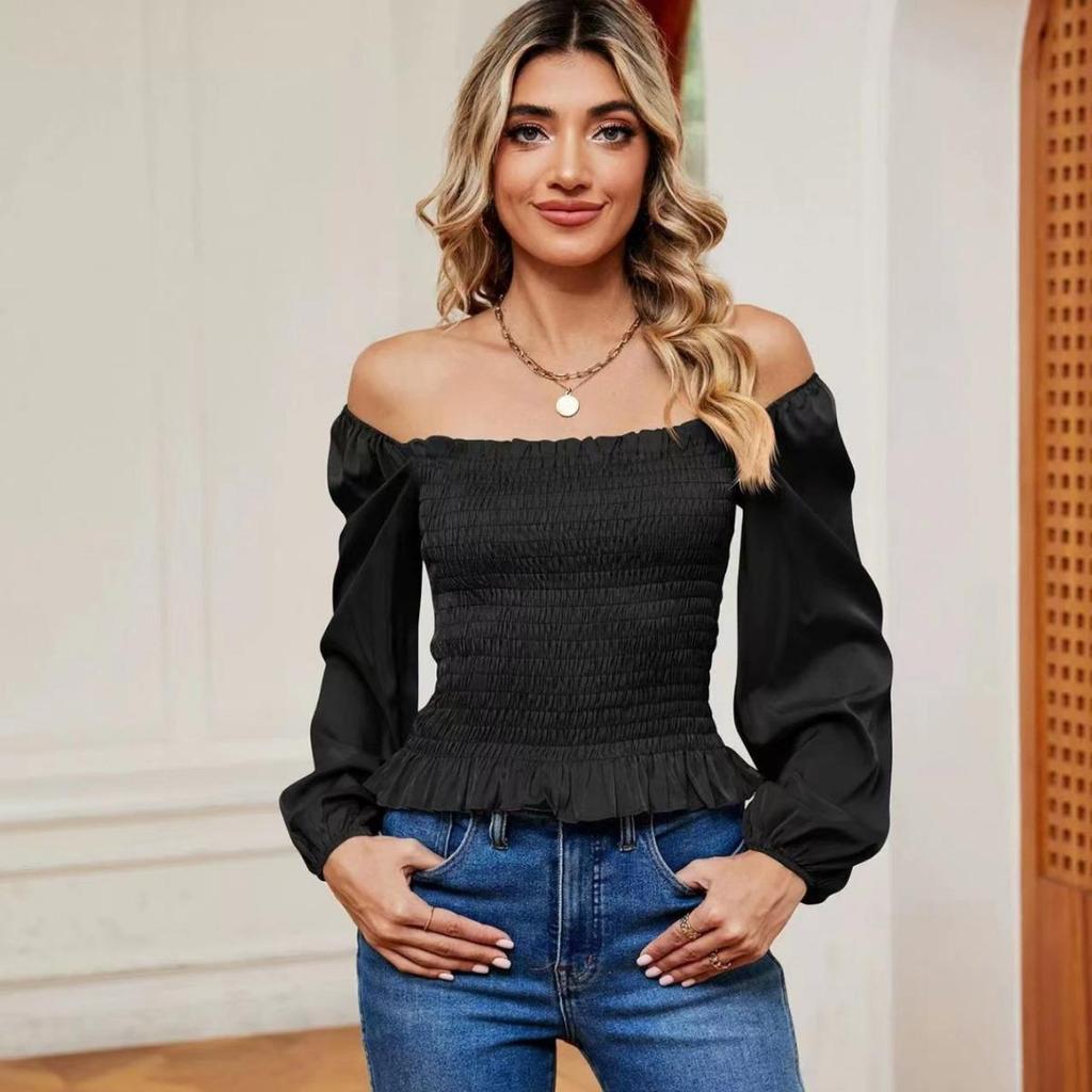 2024 European & American Spring/Summer Off-Shoulder Ruffle Smocked Long Sleeve Slimming Top for Women