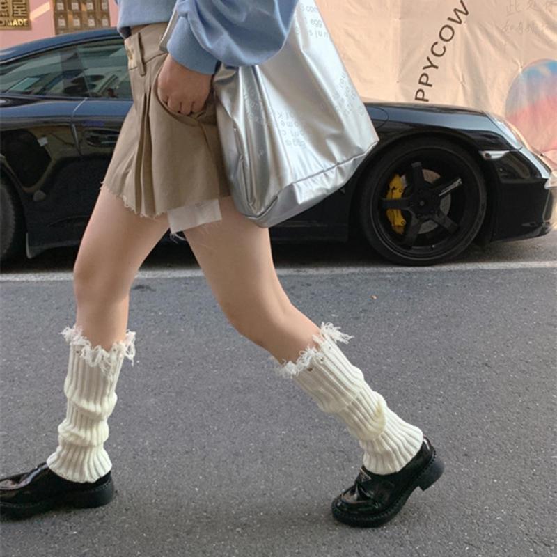 Damen Lolita Strick-Langsocken Beinstulpen Y2K Stiefelsocken Winter Knöchel-Fersen-Socken Harajuku Zerstörte Beinwärmer Socken